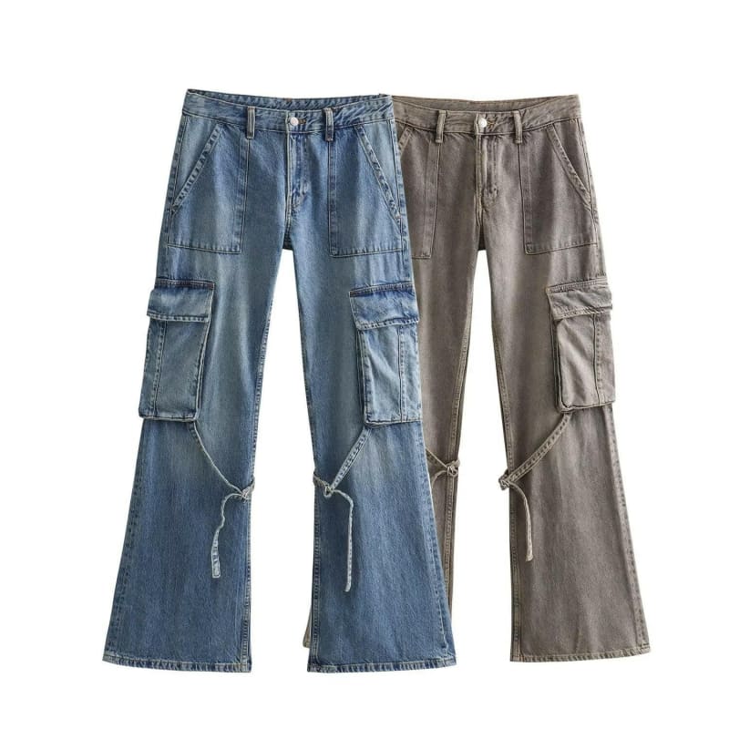 Ladies Casual High Waist Denim Wide Leg Cargo Trousers