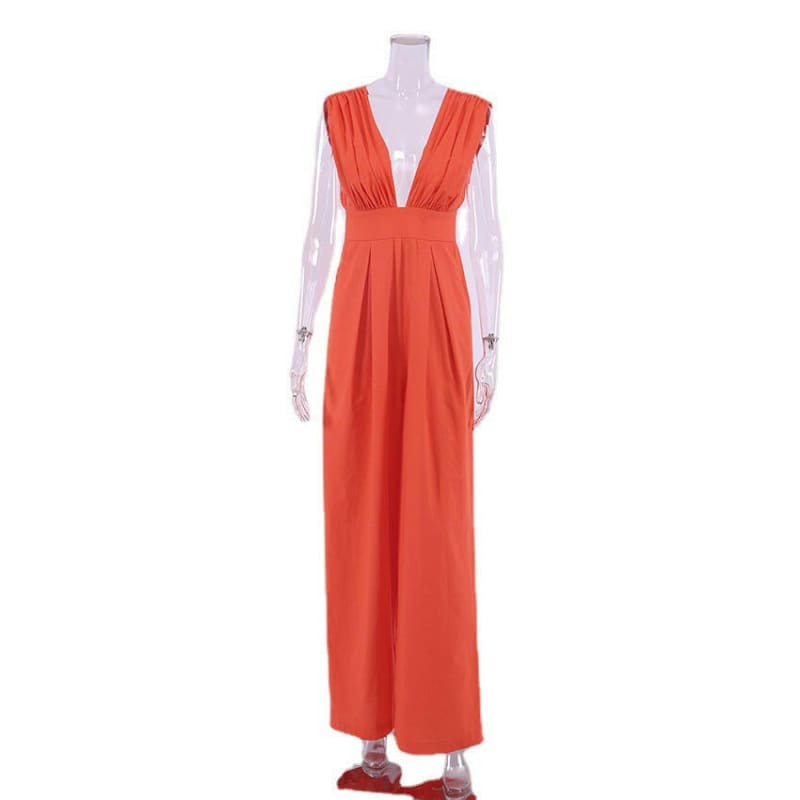 Ladies Casual Loose Sleeveless Wide Pants Jumpsuit Orange