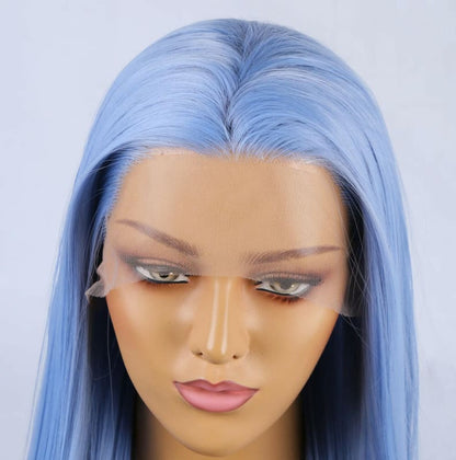 Pastel blue wig with long, straight hair styled with a center part.