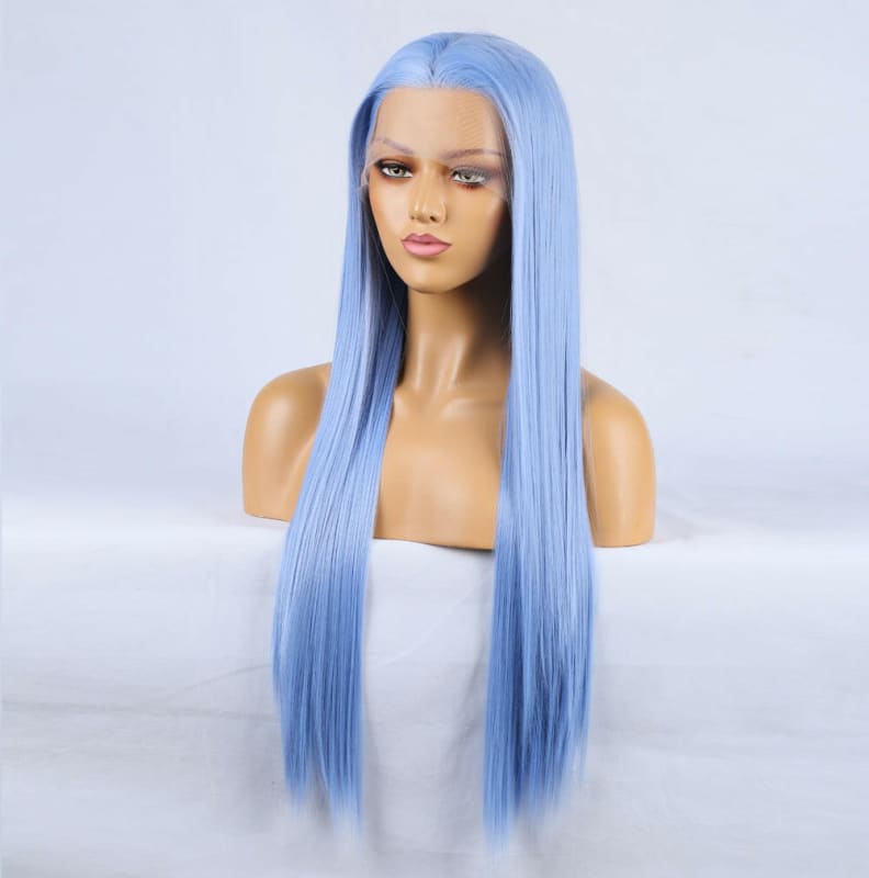 Long, straight, light blue wig with a center part.