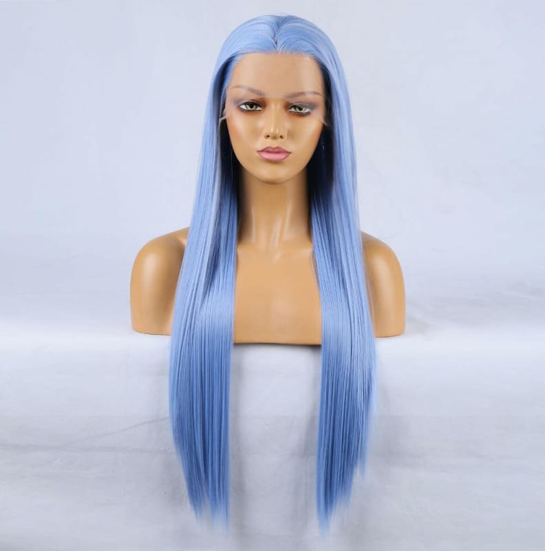 Long, straight, light blue wig on a mannequin head.