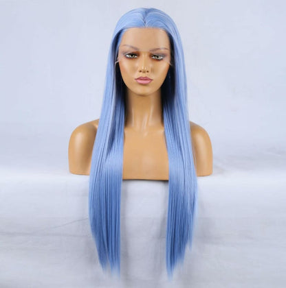 Long, straight, light blue wig on a mannequin head.