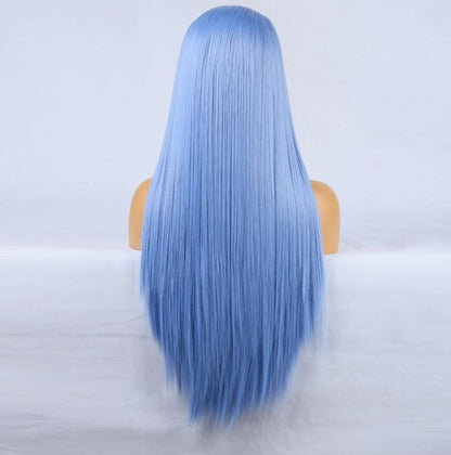 Long, straight, pastel blue hair or wig.