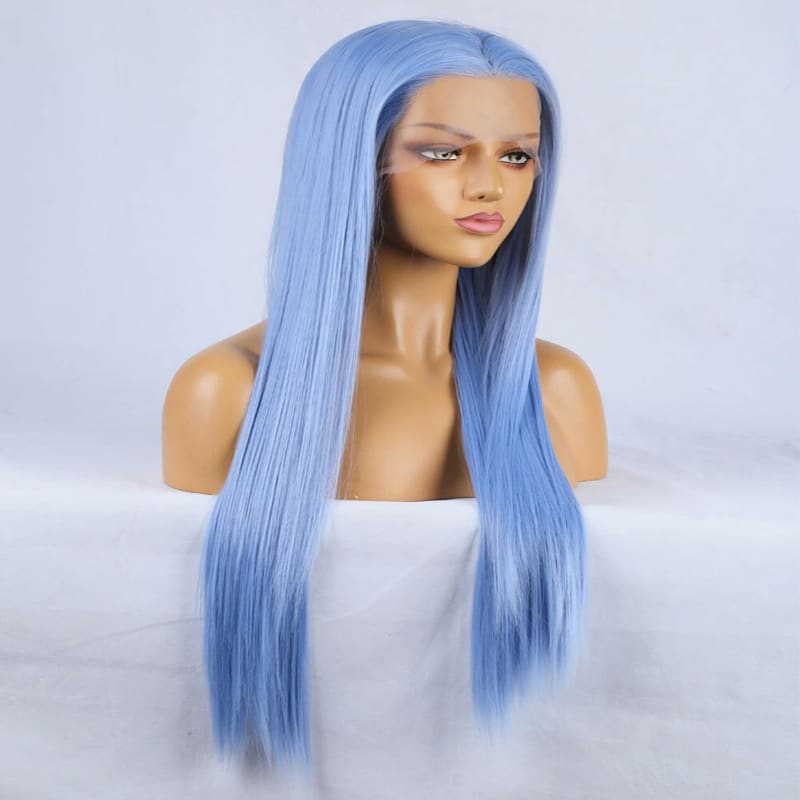 Long, straight blue wig with a center part.