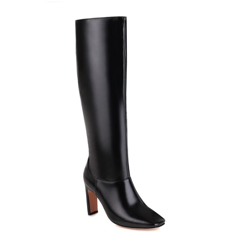 Black leather knee-high boot with a high heel.