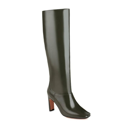 Tall, dark green leather boot with a high heel.