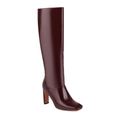 Tall burgundy leather boot with a high heel and square toe.