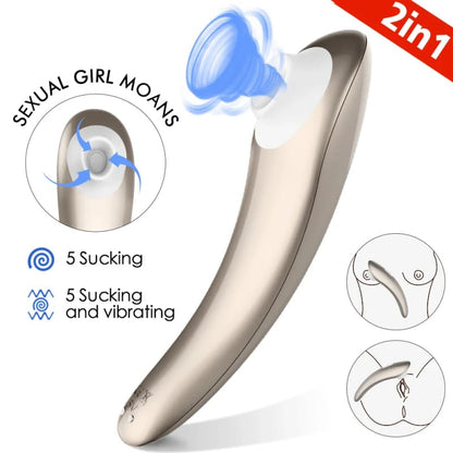 A sleek, curved personal massager device with multiple functions advertised.