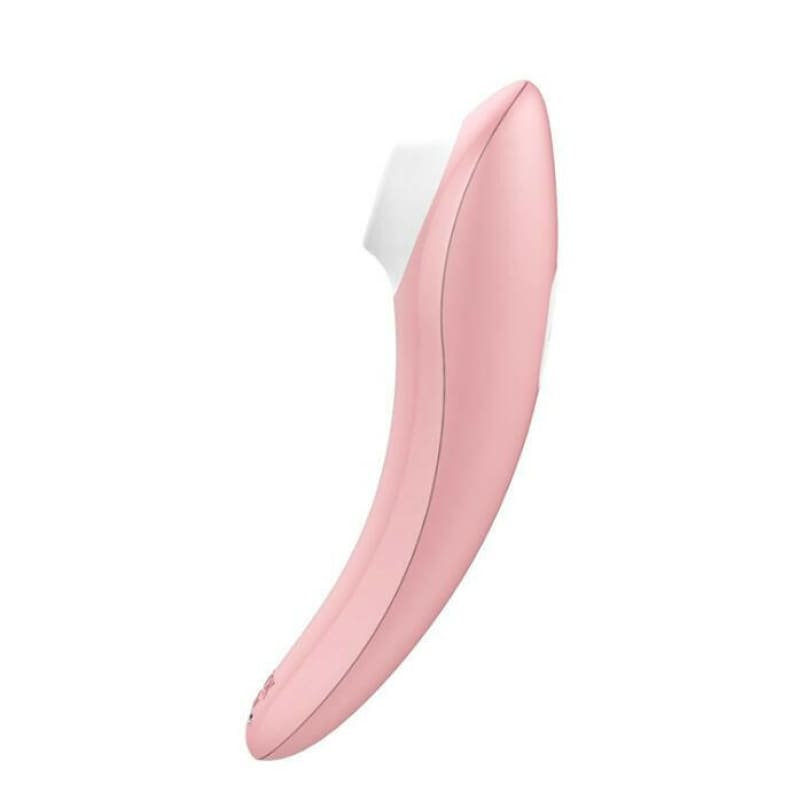 Pink curved personal massager or intimate device with a white tip.