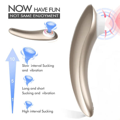 Curved, metallic personal massager device with multiple vibration settings.