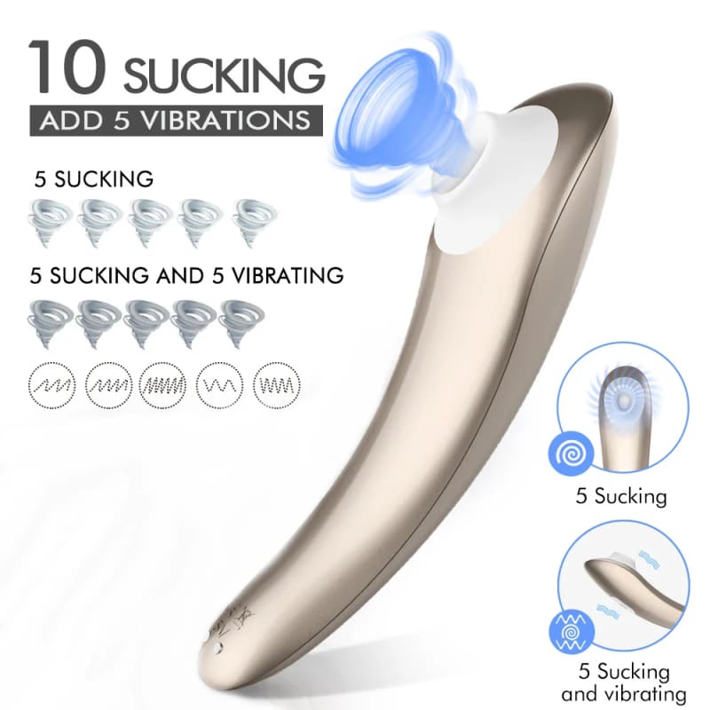 Curved electronic personal massager device with suction and vibration functions.