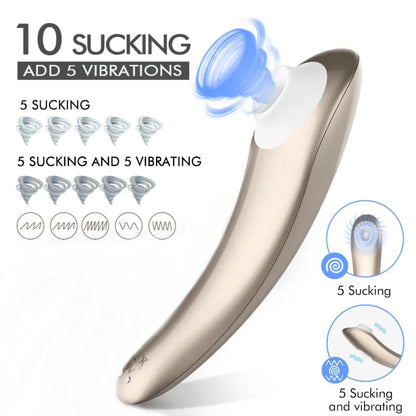 Curved electronic personal massager device with suction and vibration functions.