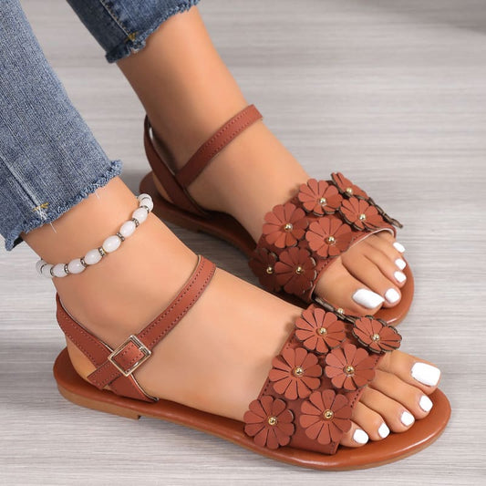 Ladies Faux Leather Round Open Toe Floral Design Summer