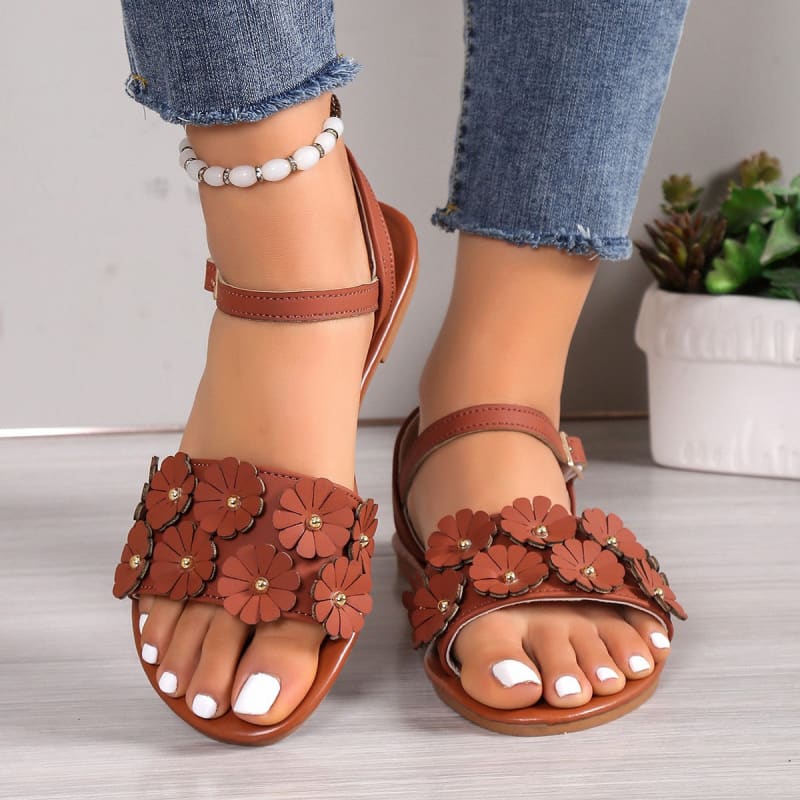 Ladies Faux Leather Round Open Toe Floral Design Summer