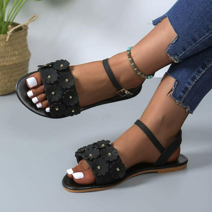 Ladies Faux Leather Floral Design Summer Sandals Black