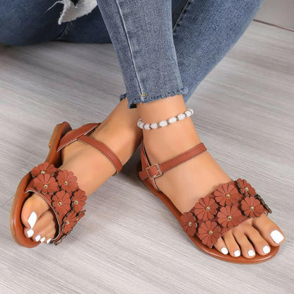 Ladies Faux Leather Floral Design Summer Sandals Brown