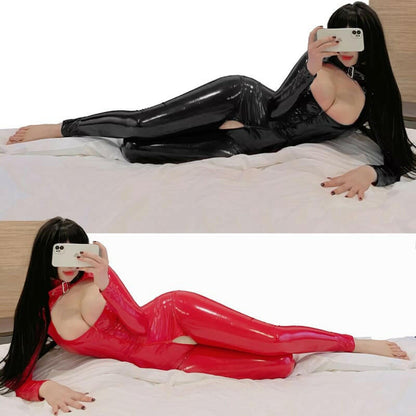 Faux Patent Leather Shiny Crotchless Jumpsuit | Sexy Ladies