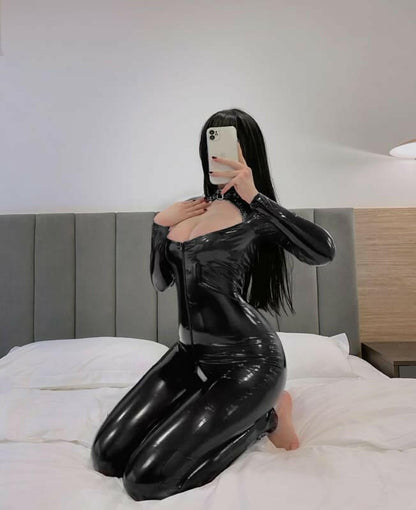 Faux Patent Leather Shiny Crotchless Jumpsuit | Sexy Ladies