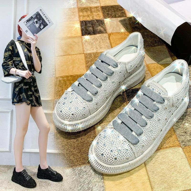 Rhinestone Bling Thick Sole Lace Up Leisure Shoes