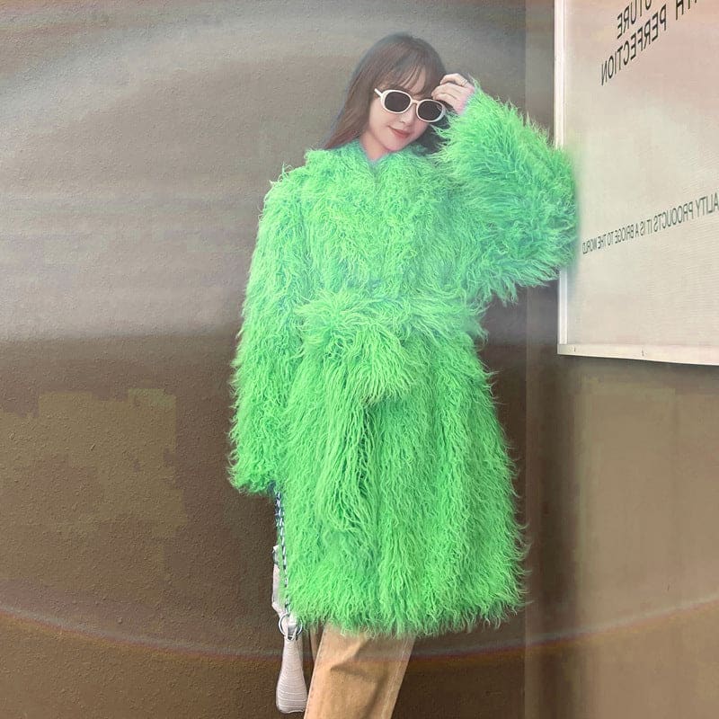 Ladies Fur Imitation Wool Knee High Coat with Belt Emerald