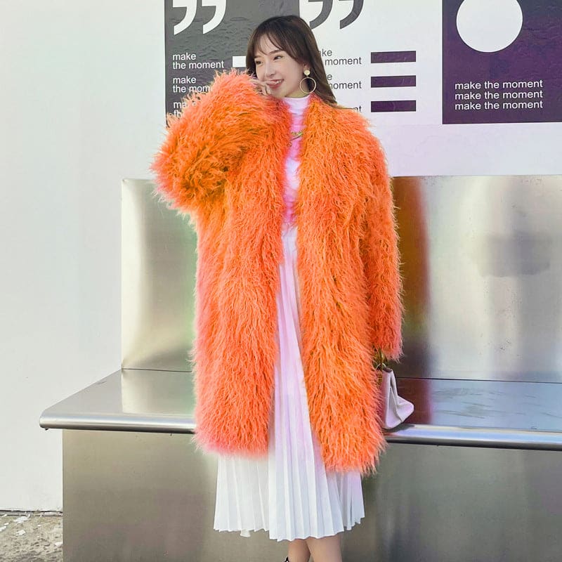 Ladies Fur Imitation Wool Knee High Coat with Belt Orange