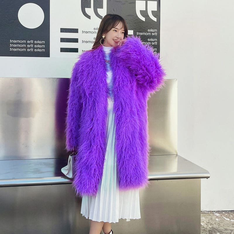 Ladies Fur Imitation Wool Knee High Coat with Belt Purple