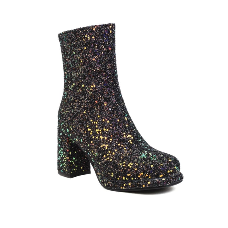 Sparkly black ankle boot with a chunky heel and multicolored glitter accents.