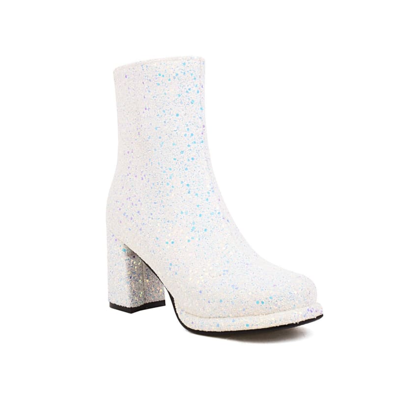 White glittery ankle boot with a chunky heel.