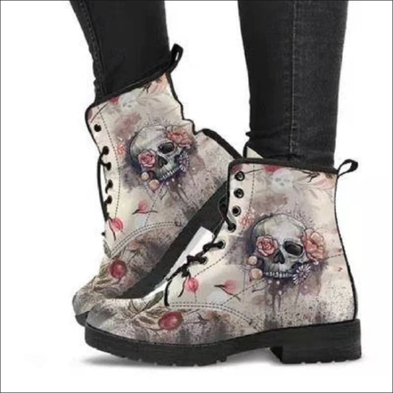 Ladies Gothic Alice Wonderland Printed Ankle Boots White