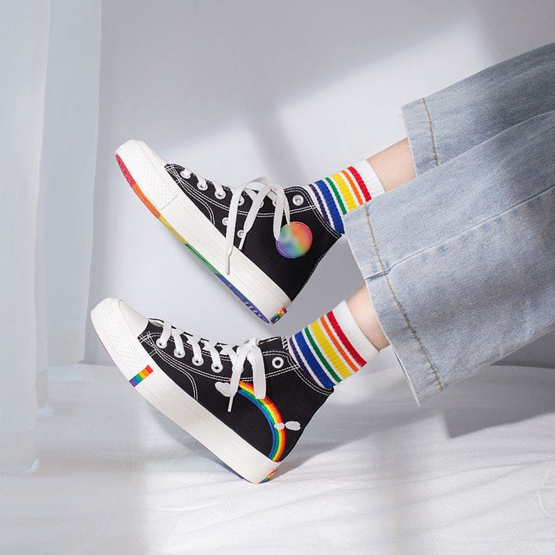 Ladies Hi Top Rainbow Canvas Shoes with Rainbow Sole