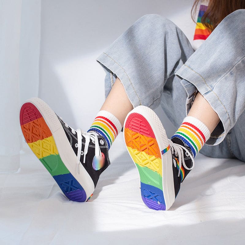 Ladies Hi Top Rainbow Canvas Shoes with Rainbow Sole