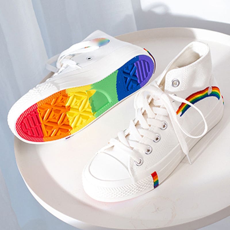 Ladies Hi Top Lace Up Rainbow Canvas Shoes With Sole