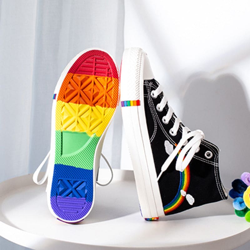 Ladies Hi Top Lace Up Rainbow Canvas Shoes With Sole
