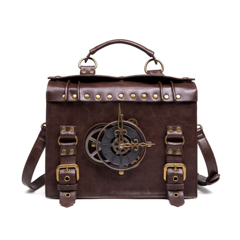 Steampunk-inspired brown leather satchel with a decorative clock mechanism on the front.