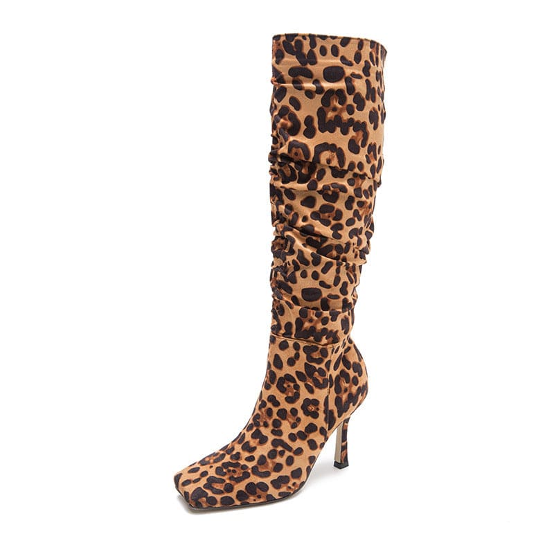 Leopard-print high-heeled boot with a slouchy shaft.