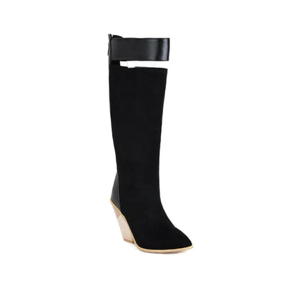 Black knee-high boot with a wedge heel and contrasting trim at the top.