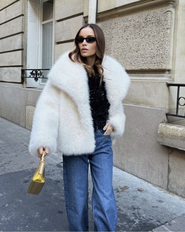 Elegant Long Large Lapel Fur Coat for Women White / S