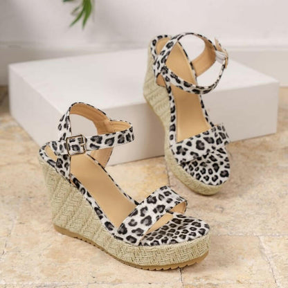 Ladies Leopard Print Wedge Heel Sandals | Open Toe Ankle