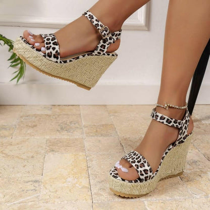 Ladies Leopard Print Wedge Heel Sandals | Open Toe Ankle