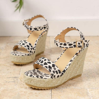 Ladies Leopard Print Wedge Heel Sandals | Open Toe Ankle