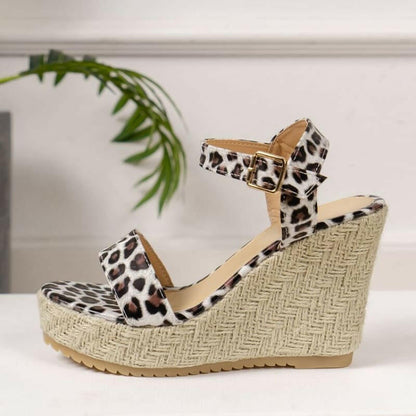 Ladies Leopard Print Wedge Heel Sandals | Open Toe Ankle