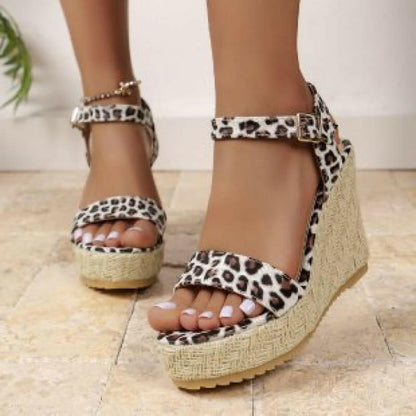 Ladies Leopard Print Wedge Heel Sandals | Open Toe Ankle