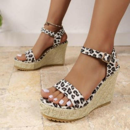 Ladies Leopard Print Wedge Heel Sandals | Open Toe Ankle