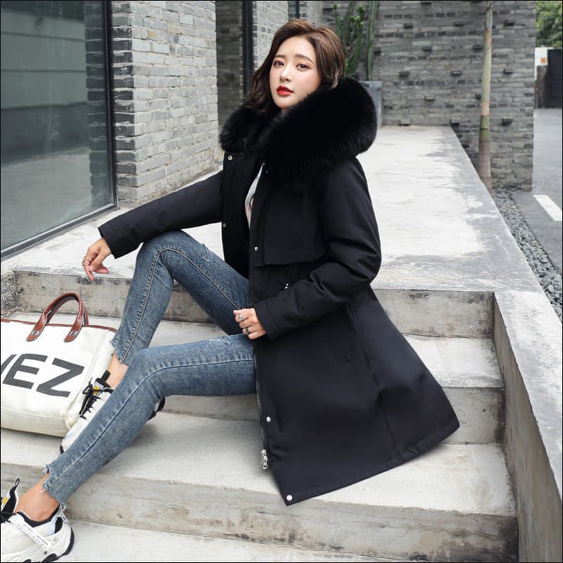 Ladies Long Length Fleece Lined Coat with Fur Collar Black