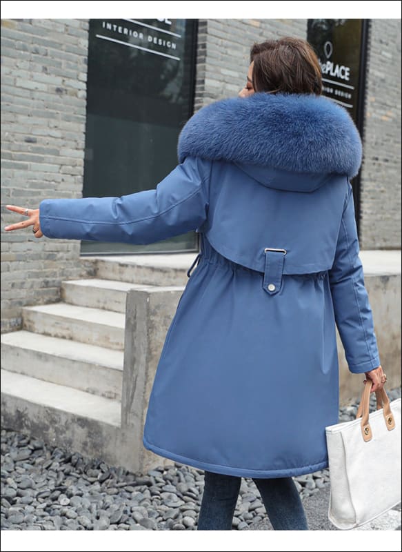 Ladies Long Length Fleece Lined Coat with Fur Collar Blue