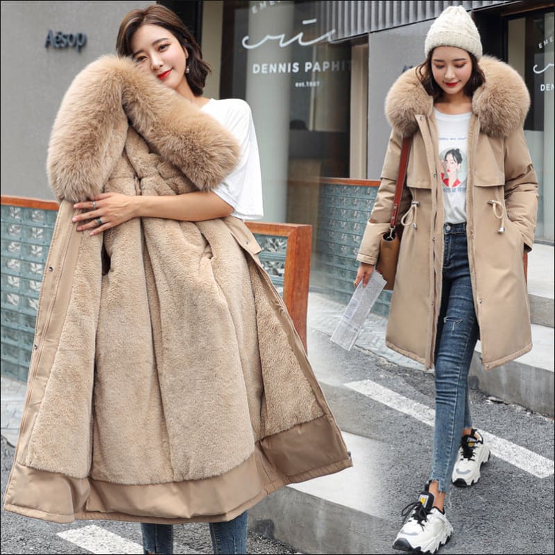 Ladies Long Length Fleece Lined Coat with Fur Collar