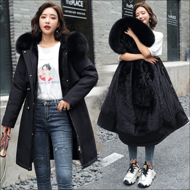 Ladies Long Length Fleece Lined Coat with Fur Collar