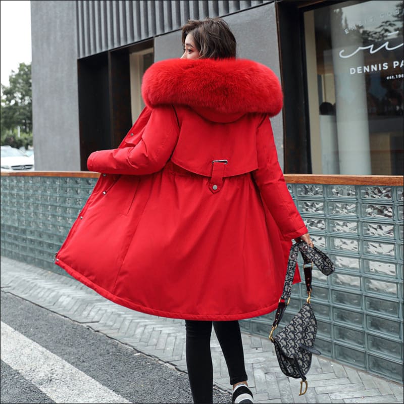 Ladies Long Length Fleece Lined Coat with Fur Collar Red / M