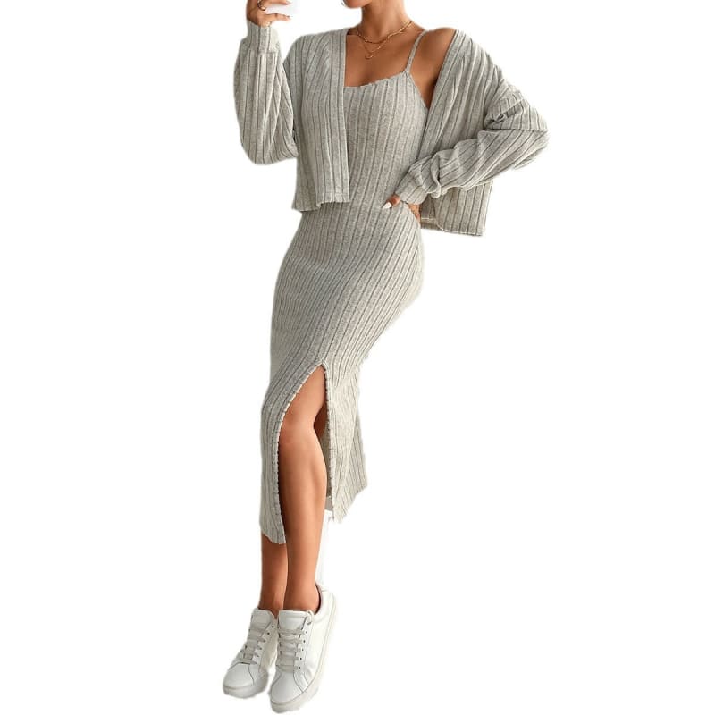 Ribbed light gray dress with a matching cardigan and side slit.