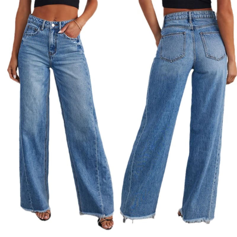 Loose Wide Leg Brushed Hem Denim Jeans for Comfort